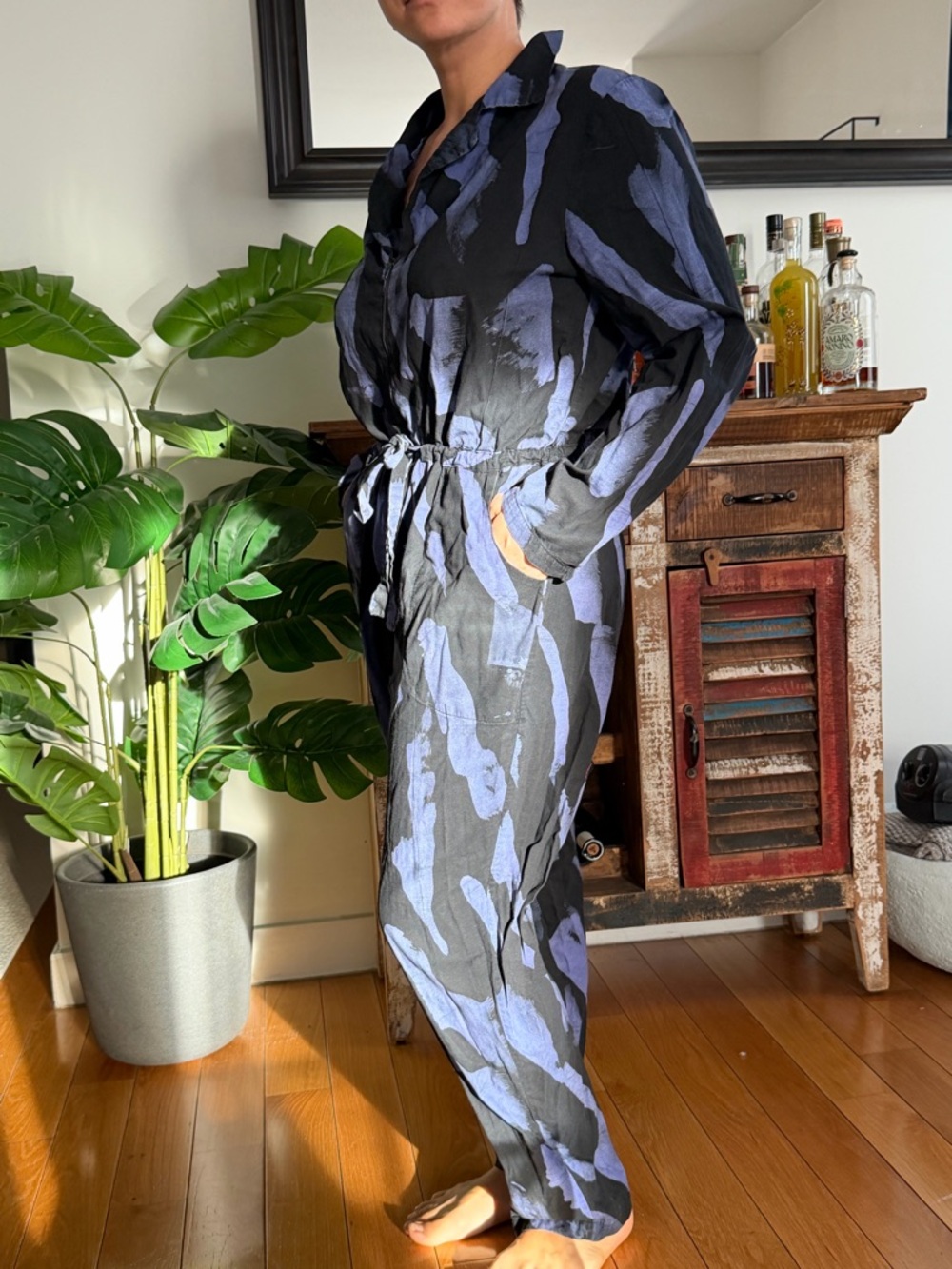 Black & Periwinkle Abstract Tie-Waist Jumpsuit - Picture 2 of 4